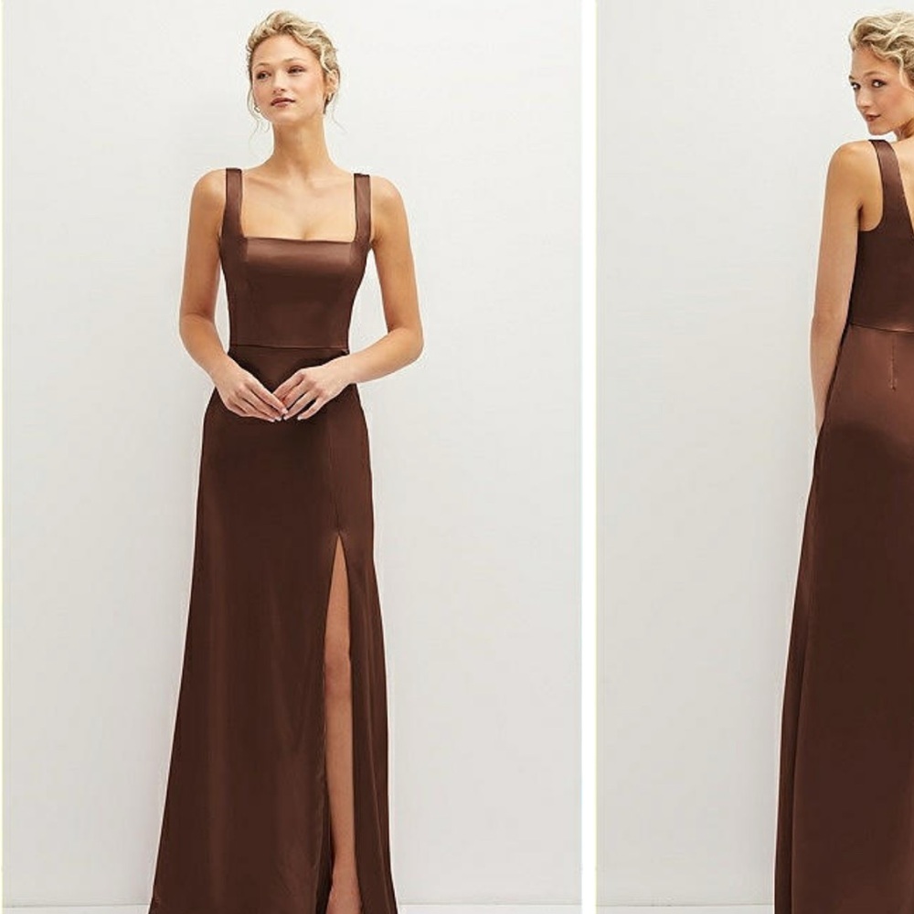 Dessy A-line square neck dress in Cognac